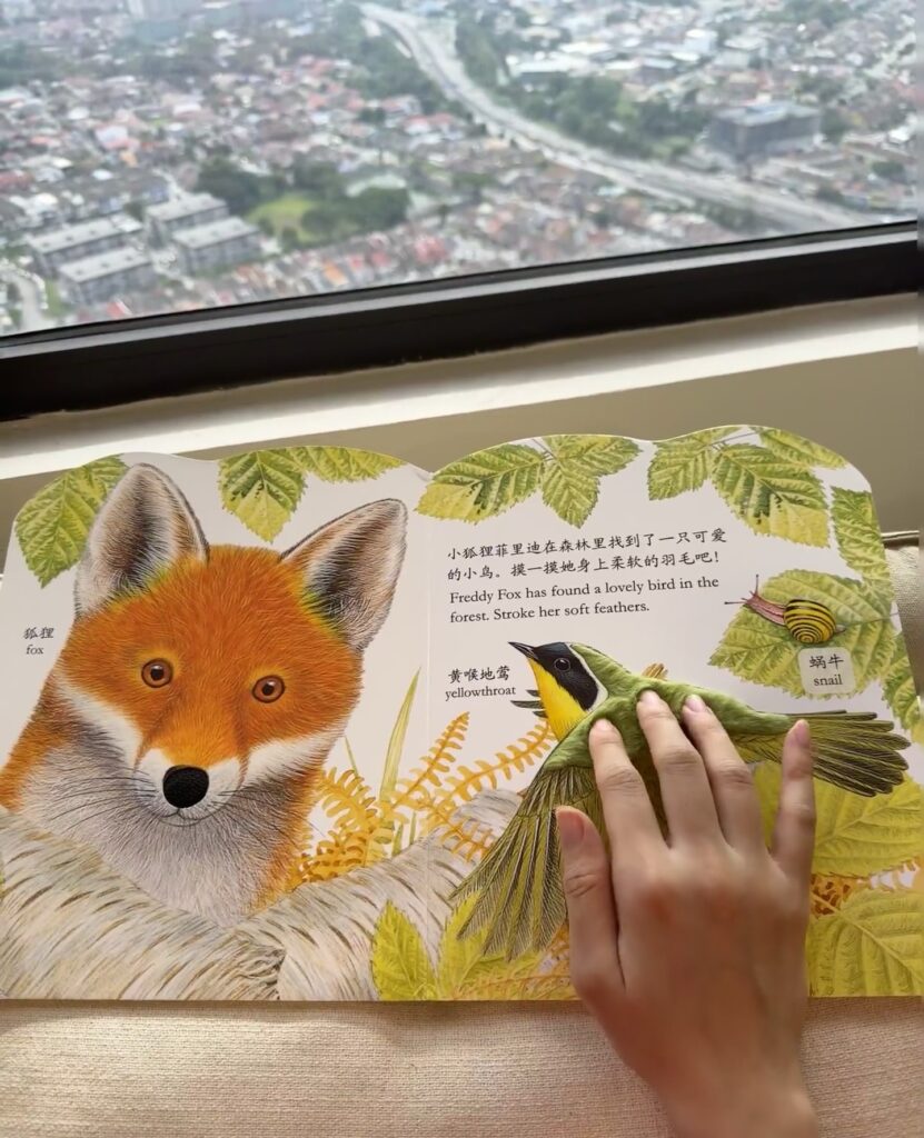 Child's hand touching the fluffy fur of a fox on an interactive touch-and-feel hardcover book page.