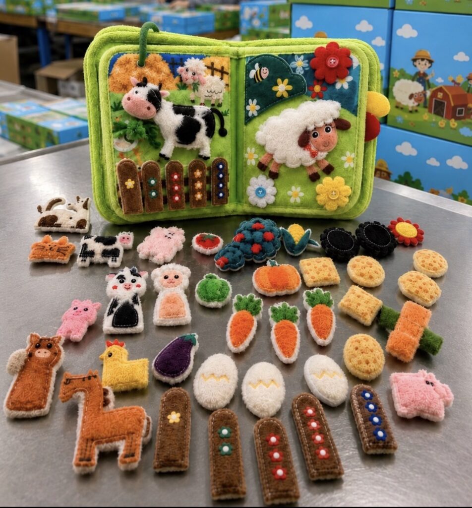 Interactive animal cloth book for babies featuring 3D soft animal figures and colorful pages.